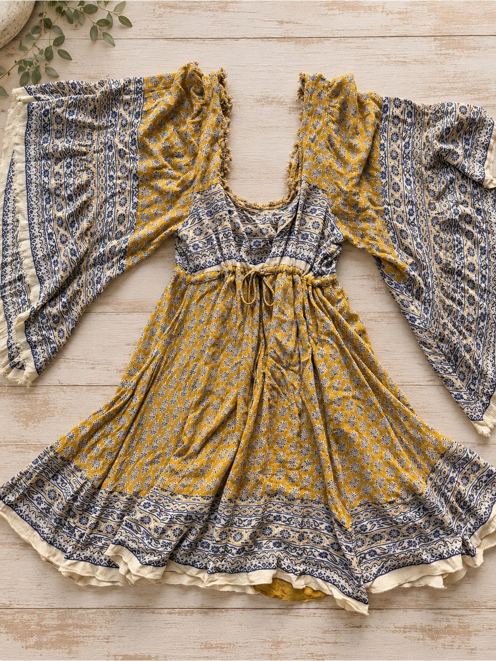 Free People Mustard Floral Boho Bell Sleeve Dress S